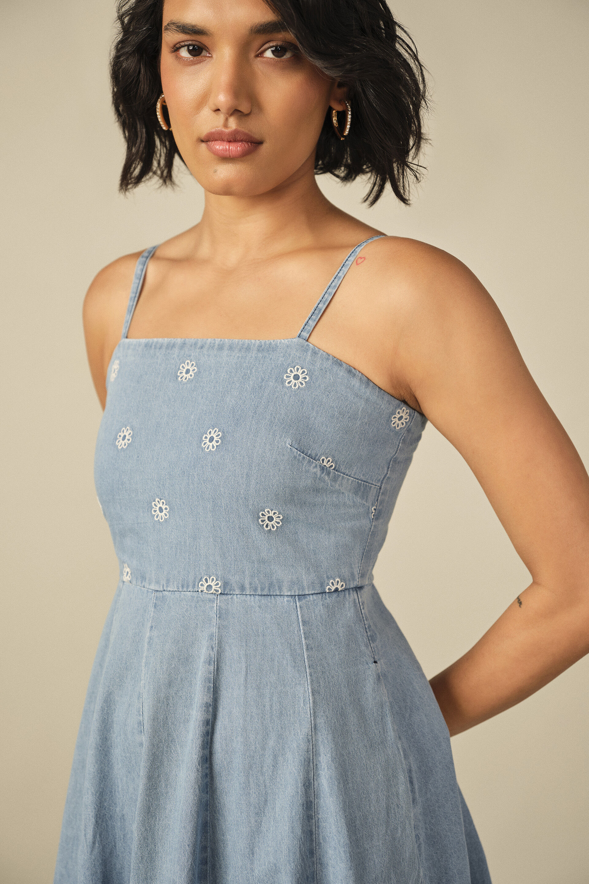 Fit & Flare Embroidered Dress in Light Blue, Light Blue, image 3